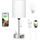White Bedside Lamp for Bedroom - 3 Color Temperatures Desk Lamp with USB C and A Ports, Pull Chain Table Lamp with AC Outlet, Nightstand Lamp with Silver Metal Base for Kids Girls