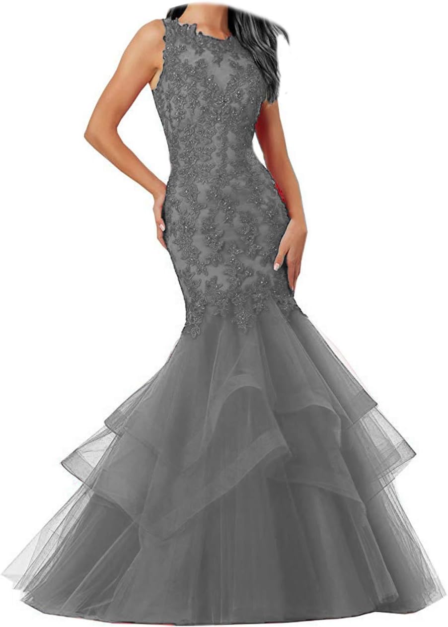 Ellenhouse Women's Applique Tulle Long Mermaid Prom Party Evening Dresses
