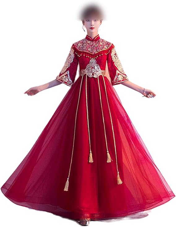 Amazon Co Jp Qipao 伝統的な中国風の花嫁のウェディングドレス刺繡結婚式チャイナドレスハイウエストイブニングドレスqipaovestidos 服 ファッション小物