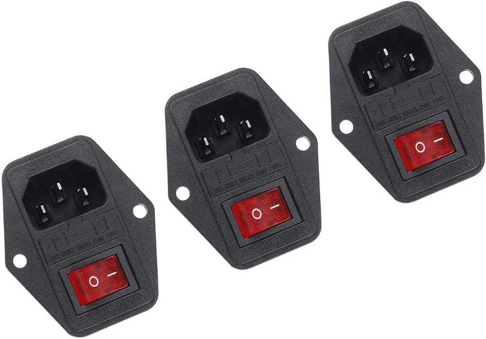 Kissmi 3pcs Electrical Power Switch Power Plug Socket with 5A Fuse Switch 10A 250V 3 Pin IEC320 C14