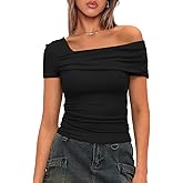 Darong Women's Summer Short Sleeve One Off The Shoulder Top Ruched Going Out Tops Slim Fit Y2K Shirt