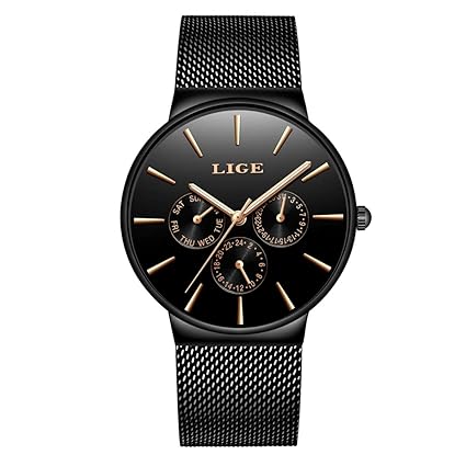 LIGE Japanese Quartz Stainless Steel Mesh Strap Day Date sub dial Waterproof Wristwatch for Men 9868 - Black