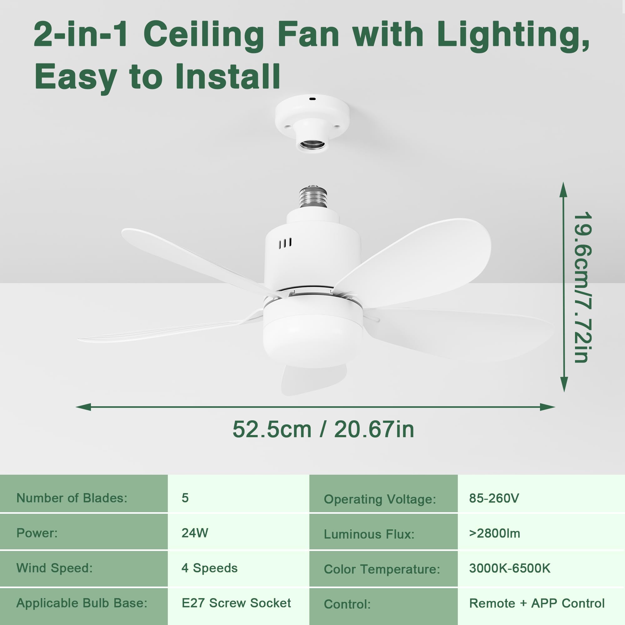 Sanweyter Deckenventilator mit Beleuchtung, 53CM Deckenlampe Deckenleuchte mit Ventilator Fernbedienung APP, Deckenventilator Klein 3000K-6500K Farbtemperatur, 4 Windstufen, Timer 6
