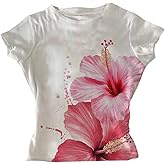 SOLY HUX Women's Floral Short Sleeve Fitted T Shirts Summer Going Out Tees Aesthetic Tops White Floral Large