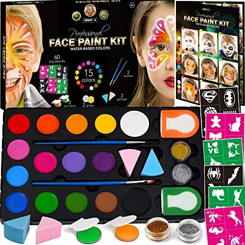 Face Paint Kit for Kids – 60 Jumbo Stencils, 15 Large Water Based Paints, 2 Glitters – Halloween Makeup Kit, Professional Face Paint Palette, Face Paints Safe for Sensitive Skin, Face Painting Book Face Paint Kit for Kids – 60 Jumbo Stencils, 15 Large Water Based Paints, 2 Glitters – Halloween Makeup Kit, Professional Face Paint Palette, Face Paints Safe for Sensitive Skin, Face Painting Book