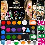 Face Paint Kit for Kids - 60 Jumbo Stencils, 15 Large Water Based Paints, 2 Glitters - Halloween Makeup Kit, Professional Face Paint Palette, Face Paints Safe for Sensitive Skin, Face Painting Book