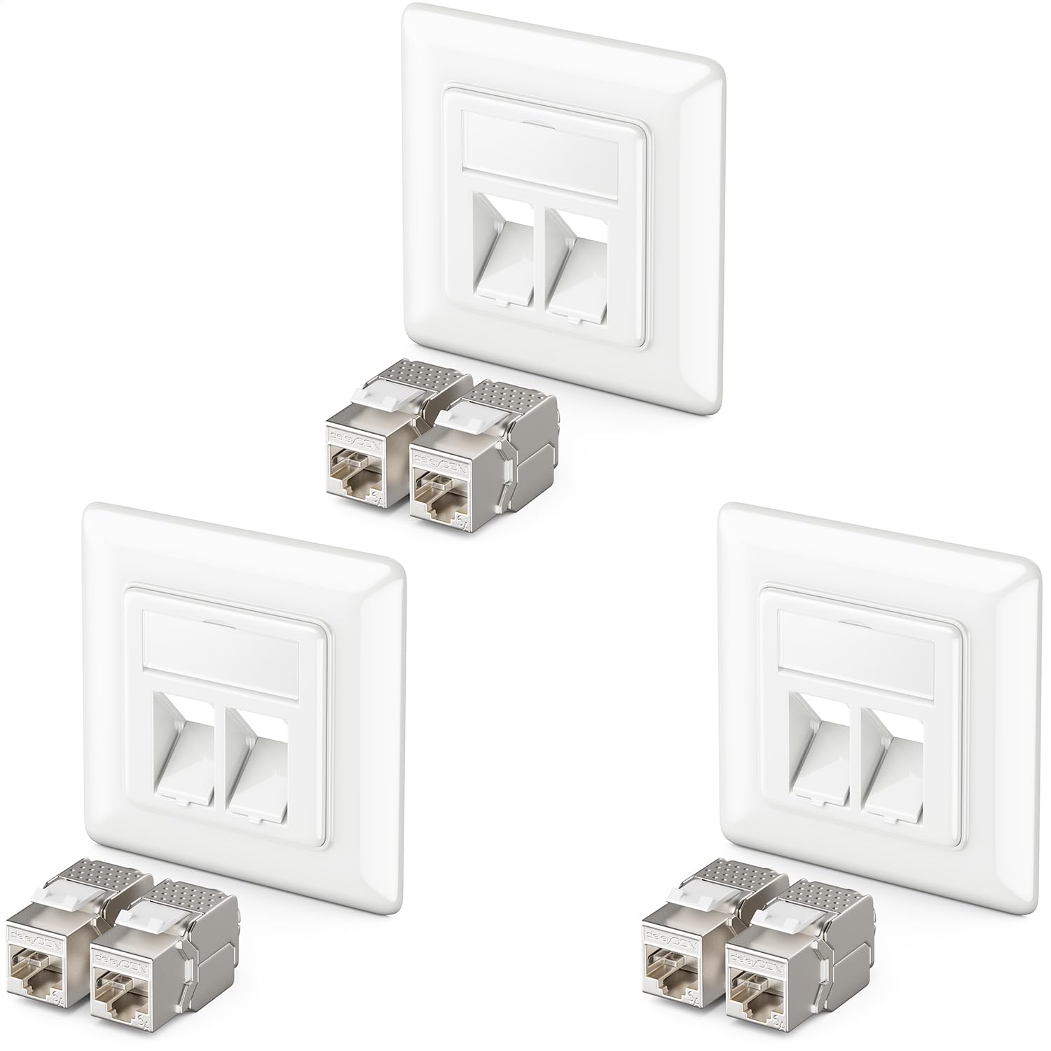 deleyCON 3x Keystone Network Data Socket Flush-Mounting 6x CAT 6a Keystone Jack Modules RJ45 Socket Network Installation Cables Fully Shielded Uni White