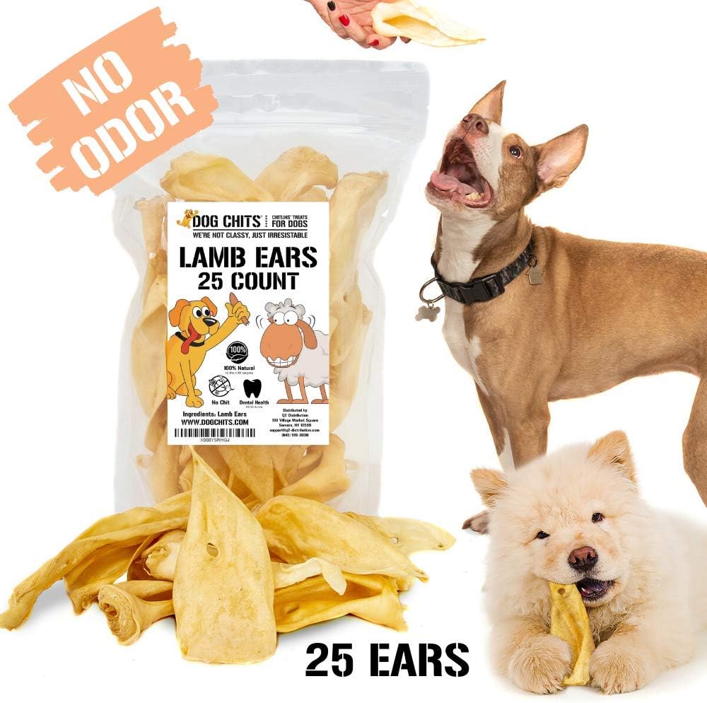 Dog Chits Lamb Ears for Dogs - Dog and Puppy Chews | NO Odor | 25 Pack | USDA | All Natural, Treats | Long Lasting Chew for Large and Small Dogs