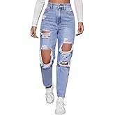 Jelove Women's High Waist Boyfriend Straight Leg Ripped Jeans Distressed Denim Pants