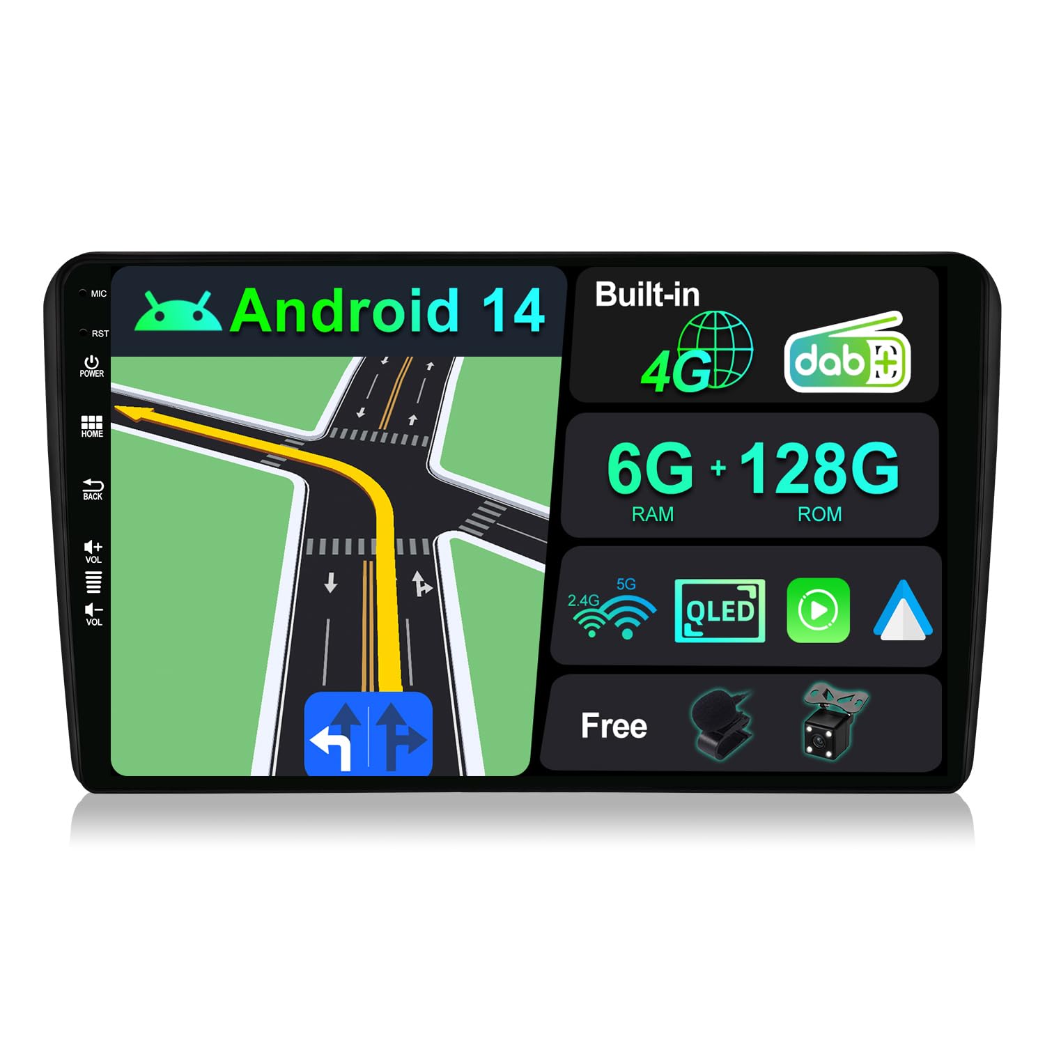 BXLIYER -Built-in DAB / 4G- 6G+128G - Android 13 Car Stereo For Audi A3 8P 8PA S3 RS3 (2003-2013) - Wireless Carplay/Android Auto - Camera + MIC - 9 Inch QLED 2 Din - Steering Wheel Fast-boot 360-CAM