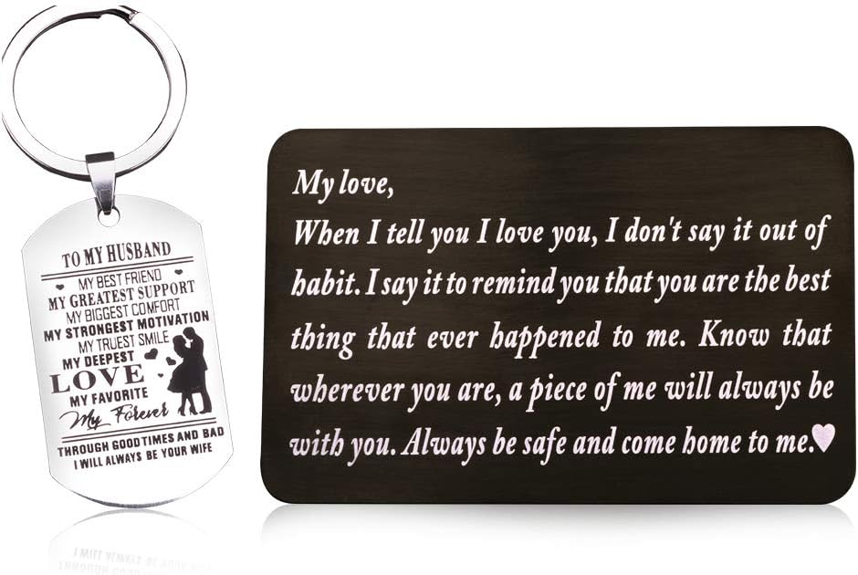 Laser Marking Stainless Steel Wallet Love Note Insert, Wallet Card Insert and Dog Tag Key Ring to My husband (set of 2)