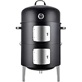 Realcook Vertical 17 Inch Steel Charcoal Smoker, Heavy Duty Round BBQ Grill for Outdoor Cooking, Black