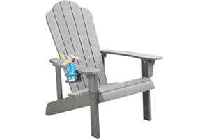 hOmeHua Hard Plastic Adirondack Chair Weather Resistant with Cup Holder, Imitation Wood Stripes, Easy to Assemble & Maintain, Outdoor Chair for Patio, Backyard Deck, Fire Pit Lawn Porch - Gray
