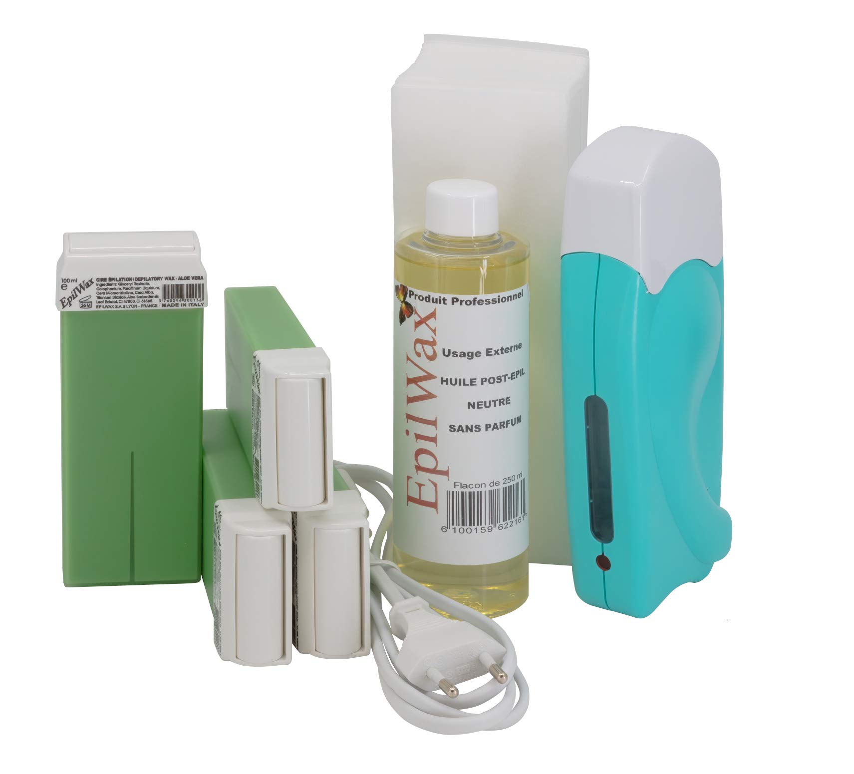 EpilWax Complete Hair Removal Waxing Kit - With 4 Aloe Vera Wax Roll-on Cartridges, Roll On Wax Heater, 100 Strips and Waxing Oil