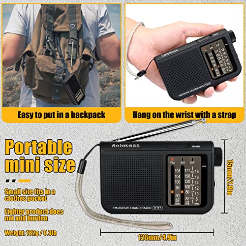 Retekess V117 Portable Radio AM FM, Shortwave Radio with Clear Dial, Transistor Radio with Best