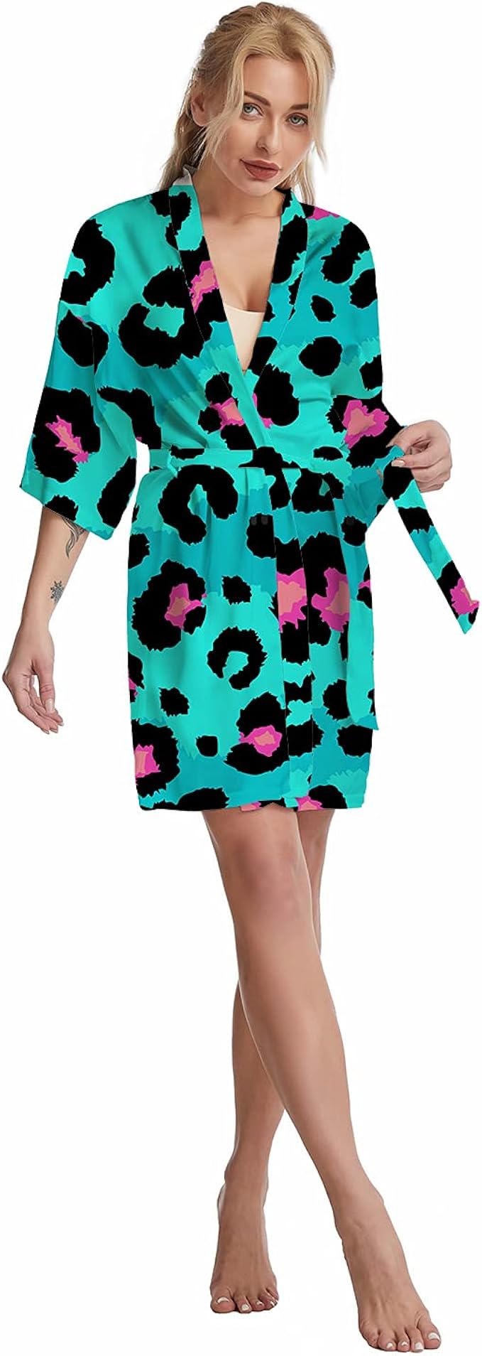 Blue Pink Leopard Print Women's Satin Short Silk Robe Sleepwear for Wedding Party Sexy Leopard 