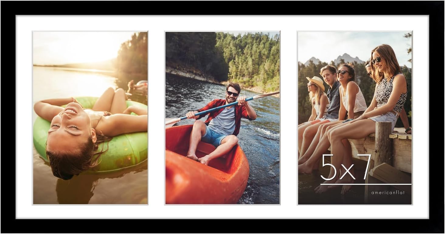 Photo Albums, Frames & Accessories - Americanflat 8x16 Collage Picture Frame in Black - Displays Three 5x7 Frame Openings - Engineered Wood Panoramic Picture Frame with Shatter Resistant Glass, Hanging Hardware, and Easel