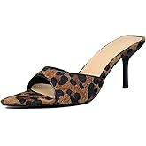 QIV Leopard Kitten Heels Pointed Toe Mule Heels for Women Open Toe Kitten Heel for Party Dressy Wedding