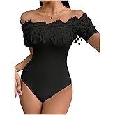OYOANGLE Women's Floral Appliques Off Shoulder Bodysuit Tops Short Sleeve Dressy Going Out Tops