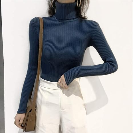 Amazon Co Jp Zxcvb ニット生地 ハイネック 長袖 レギュラー 春秋 無地 ストライプ シンプル スリム型 プルオーバー カジュアル ファッション 簡潔 シンプル 洗練された セレブ気質 レディース セーター ブルー アーモンド キャメル Color ブルー ホーム キッチン