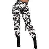 Vakkest Women's Camo Cargo Pants High Waist Slim Fit Trousers Camouflage Active Jogger Pocket Sweatpants with Belt