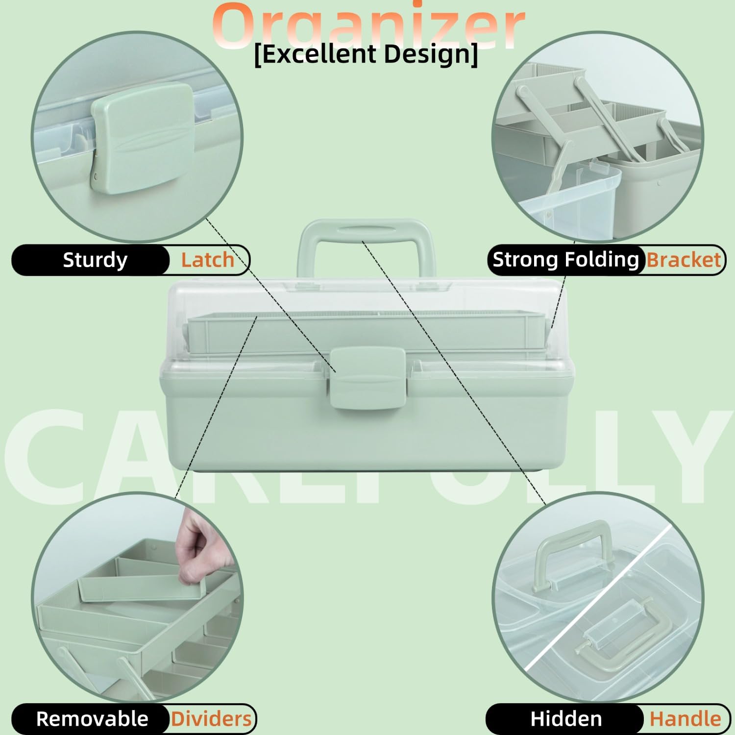 TERGOO 12.5in 3-Layer Multipurpose Craft Organizers and Storage with Adjustable Dividers, Portable Tackle Box, Folding Art & Craft Case for Medicine, Tool, Sewing Organizer (Haze Green)