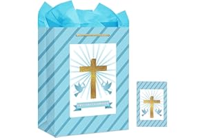 FLYAB First Holy Communion Gift Bag - 11.5" Baptism Gifts for Girls Boys First Communion Religious Cross Christian with Tissue Paper Handle Confirmations Gifts for Baby Boys Girls
