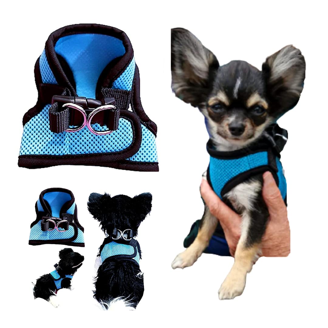 XXXS XXS XS Tiny Toy Teacup Chihuahua Puppy Dog Harness with Mesh Clip for TINY Teacup Miniature Breeds Kitten Yorkie Maltese Terrior Puppy Dogs (XXS - Chest 26-30cm, Blue/Black)