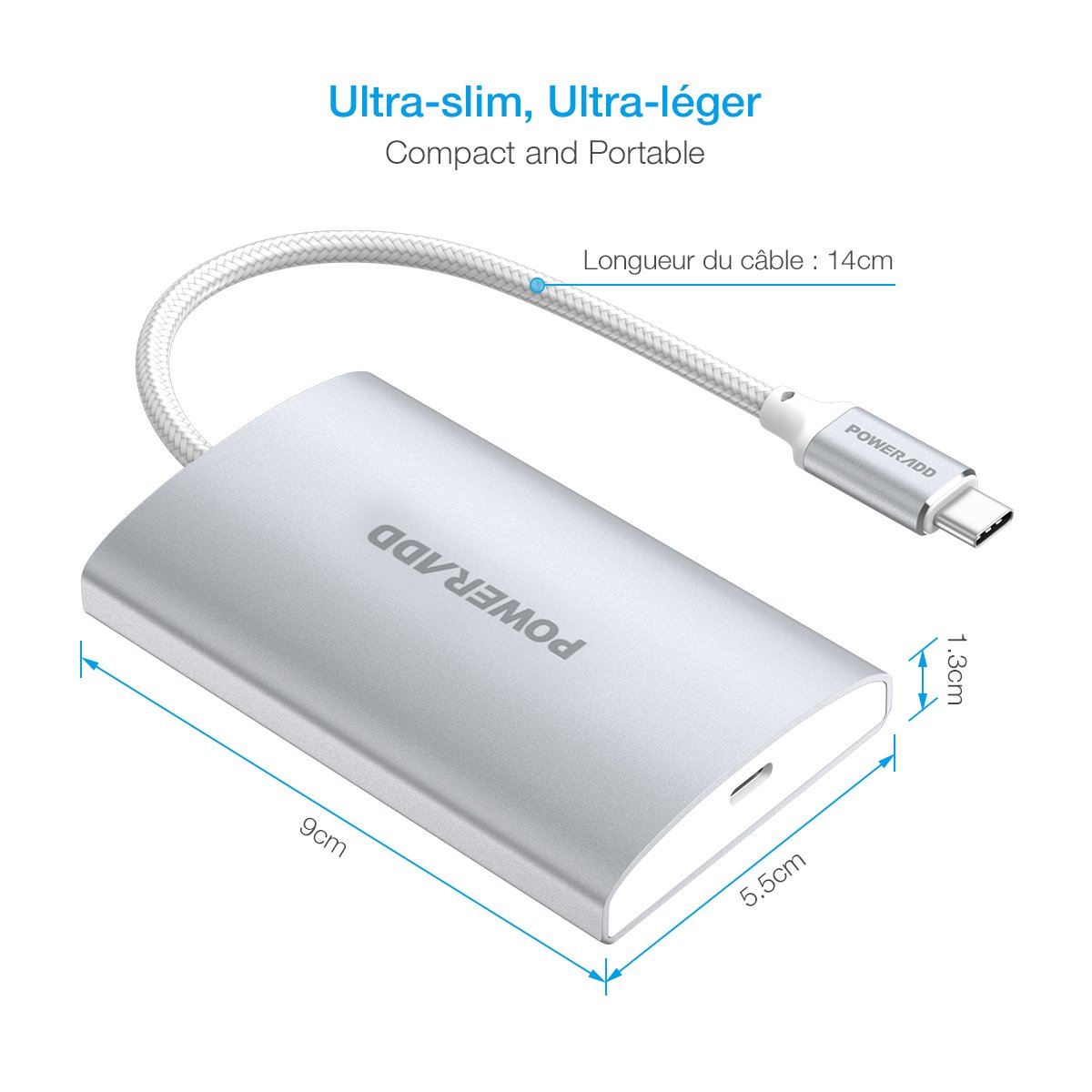 Poweradd Hub USB Type-C Réseau Adaptateur 3 Ports USB 3.0 avec un Port PD 2.0, puissance de Charge pour pour le MacBook Air, MacBook Pro, Mac Mini, Google Chromebook -Argent