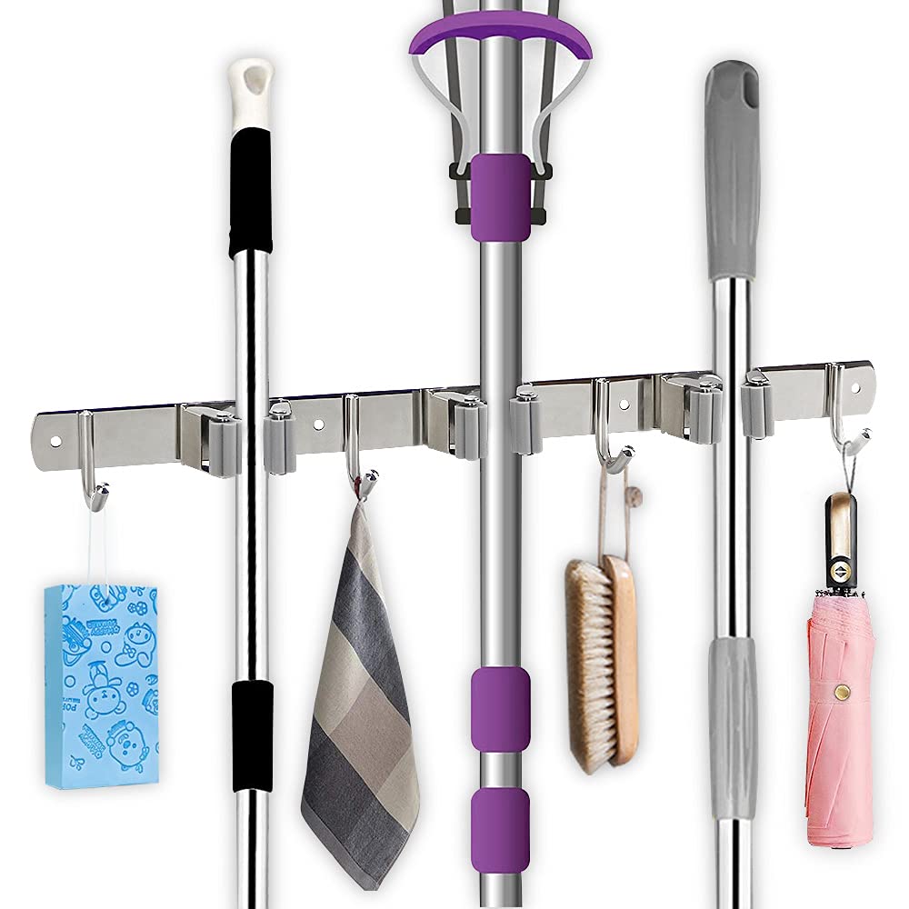 Broom Mop Holder, Mop Broom Brush Organizer Wall Mounted Heavy Duty Stainless Steel Tool Hanger with 3 Racks 4 Hooks Ideal for Home, Kitchen, Garden, Garage, Laundry