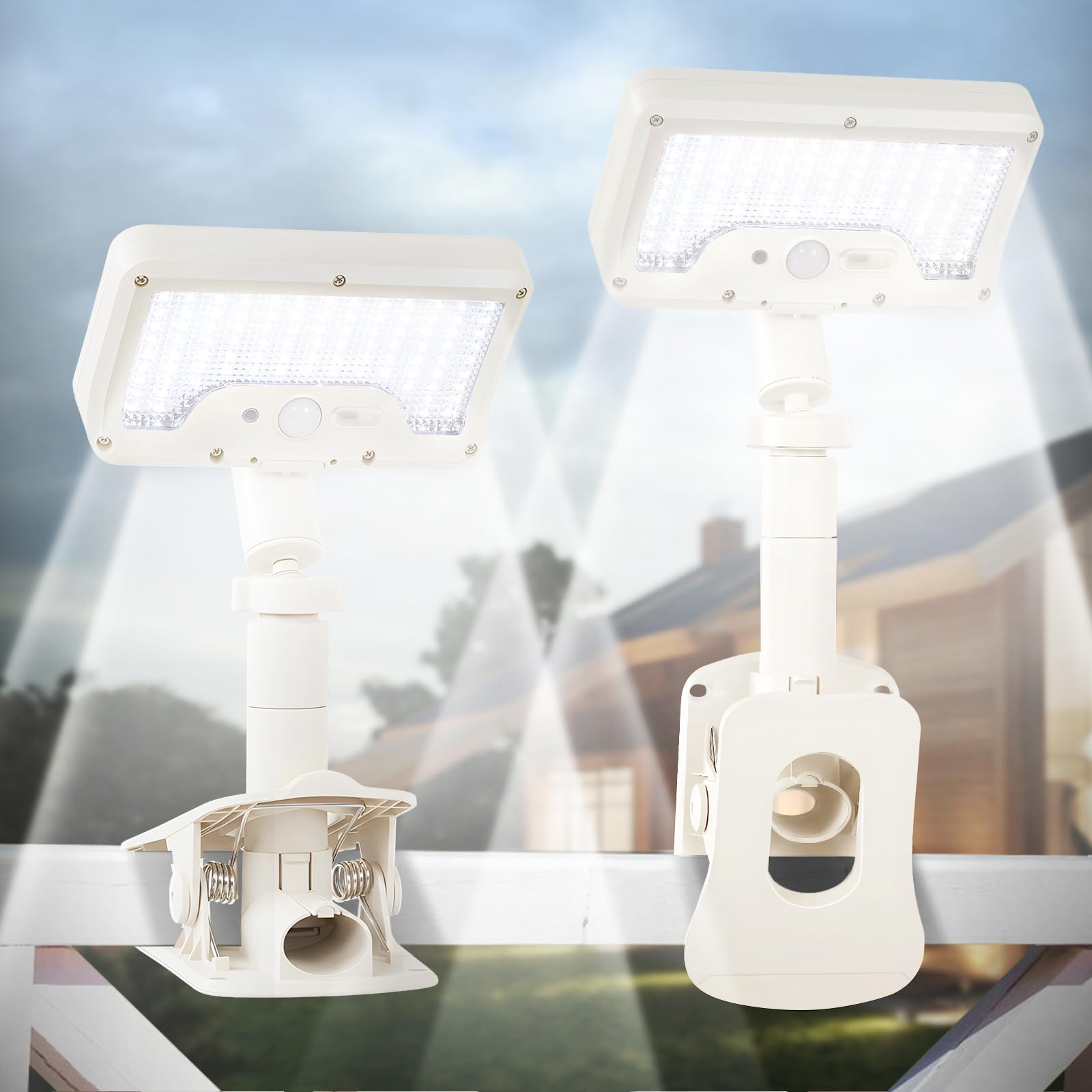 Photo 1 of Clip On Solar Lights Outdoor with Motion Sensor, 360°Rotatable & Vertically Adjustable Solar Fence Lights with 92 LEDs (600 LM, 6000 K),IP65 Waterproof Security Light for Deck, Gutter?White, 2 Pack?