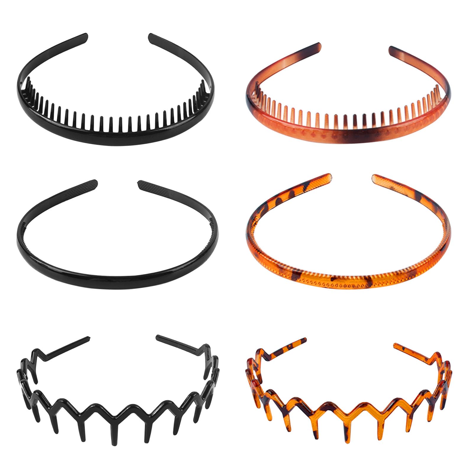 AYNKH Plastic Hair Bands, 6 Pcs Tooth Hair Comb Headband, Zig Zag Headband with Teeth Shark Tooth Hairband for Women Men Girls (Black and Leopard-print)
