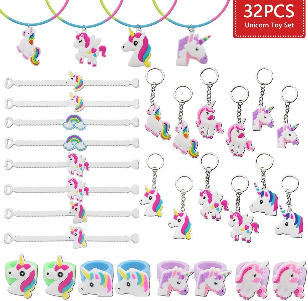 JUSTIDEA 32 Pcs Unicorn Bracelets Wristband, Unicorn keychain keyring Unicorn ring Unicorn Necklace Unicorn Birthday Party Favors Supplies for Kids Girls