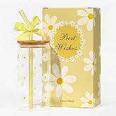 KMCCUMBER Cute Glass Cups with Lid Straw, Daisy Birthday Gifts Coffee Cup | Yellow Aesthetic Mug Tumbler for Women Mothers Day Thanksgiving Christmas Valentines Coffee Lover Teen Girl 16oz