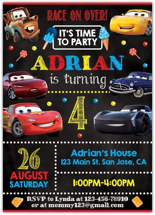 Custom Cars Lightning McQueen Birthday Invitations, 4"x6" Birthday Party Cards, Digital or Printed