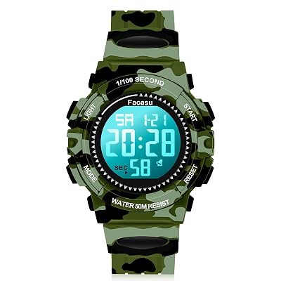 Facasu Camo Sports Watch for Boys-50M Waterproof Kids Teen Boys Digital Watch with Alarm&Snooze,Stopwatch Military Design Silicone Band Gift for Boys-8+ Years Old(Camo Green)