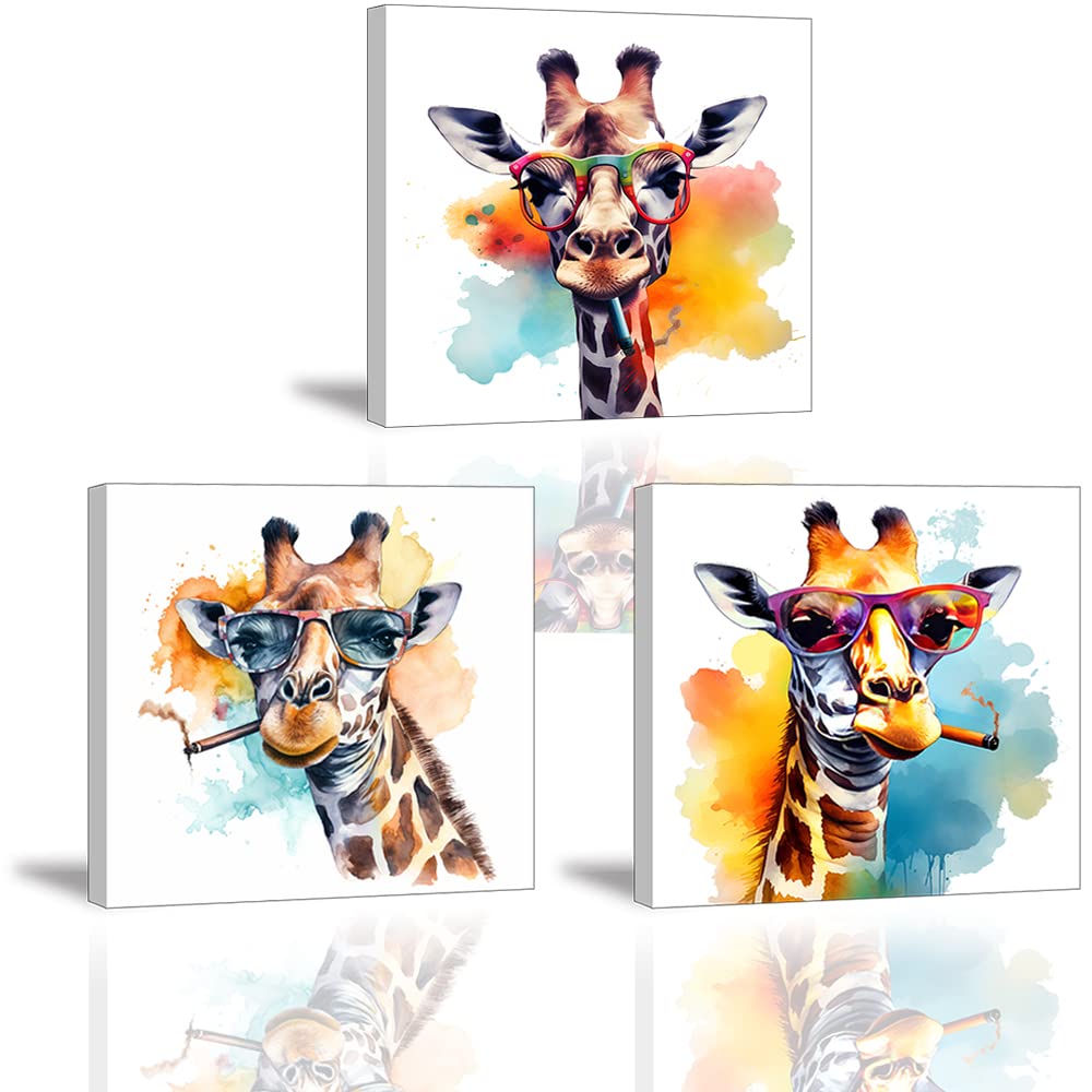 Piy Painting Cute Giraffe Wall Art set Canvas Prints Image Colorful Animal Painting on Canvas Funny Modern Artwork Print Canvas Painting Wall Decoration for Boy and Girl Room as Gift 3x 30x30cm