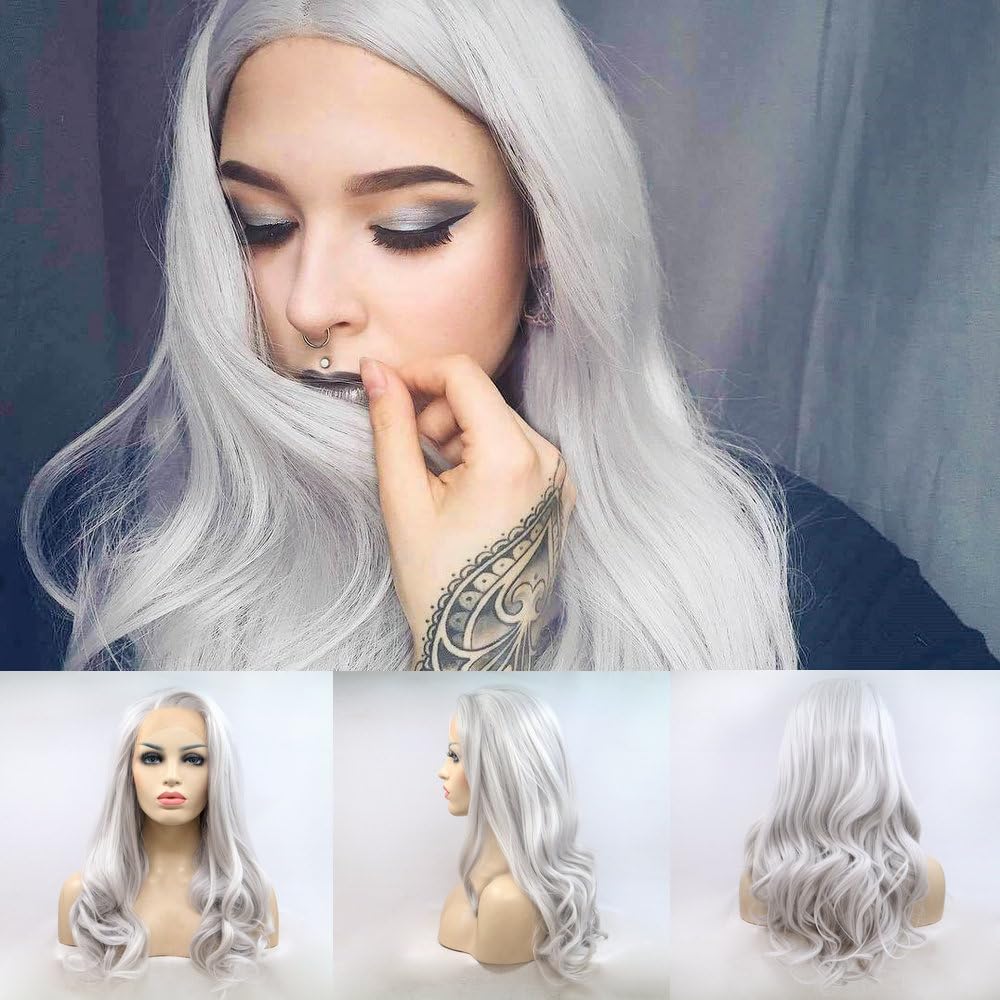 SereneWig 13x3" Lace Pre Plucked Long Wavy Silver Gray Synthetic Lace Front Wigs Heat Resistant Natural Grey Hair Wig for Women Gifts Daily Use Cosplay Party Halloween Wig 24"
