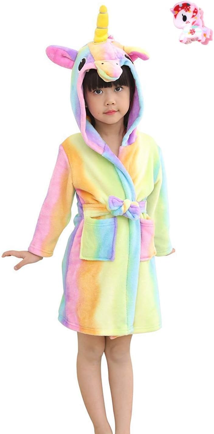 LUCKAPPY Girls Hooded Unicorn Bathrobes, Comfortable Soft Flannel Pajamas Sleepwear Loungewear for Kids, Toddlers