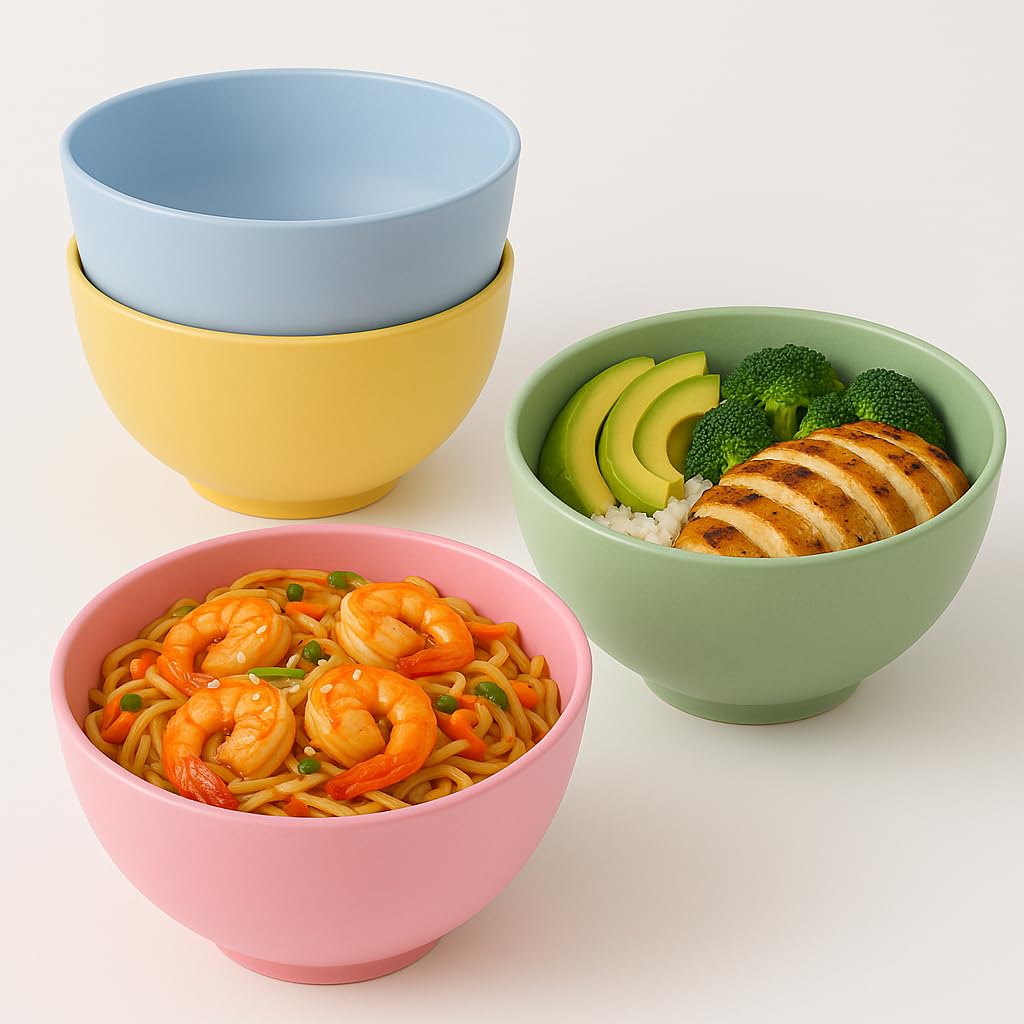 Vellichor Europe Set of 4 Unbreakable Colourful Bowls - 24oz Large Lightweight Plastic Bowls, Microwave & Dishwasher Safe, Perfect for Breakfast, Salad, Pasta, Soup, and Noodles