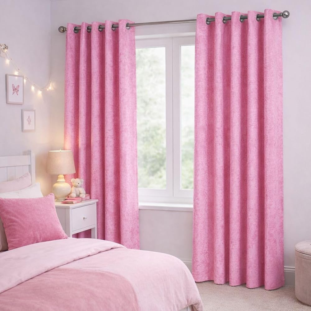 John Aird Crushed Velvet Pink Eyelet Curtains 66W x 90D Pair