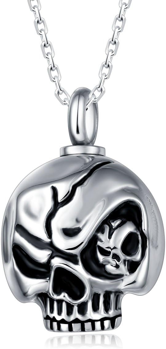 Trendy Stainless Steel Skull Pet Urn Ashes Pendant Necklace Memorial Ash Keepsake Cremation Jewelry