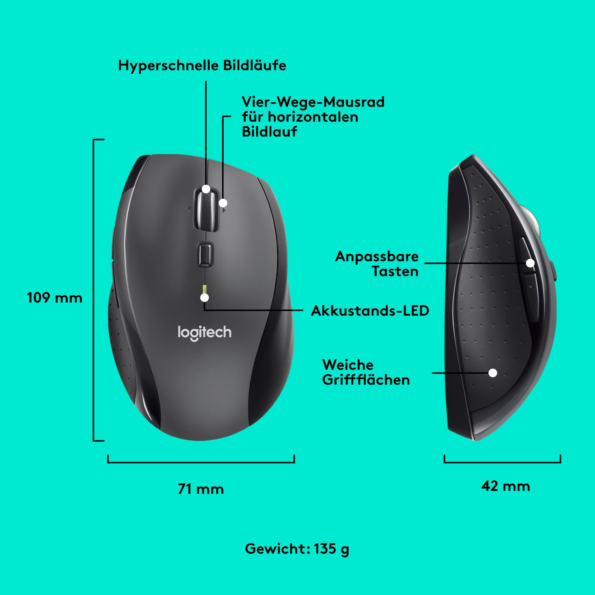 Logitech M705 Marathon Kabellose Maus, 2,4 GHz mit USB-Unifying-Empfänger, 1000 DPI, 5 programmierbare Tasten, 3-Jahres-Batterie, Kompatibel mit PC, Mac, Laptop und Chromebook - Grau 7