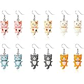 QLUYCKW 6 Pairs Cute Anime Cat Dangle Earrings Set for Women Funny Resin Kitten Kawaii Animals Birthday Jewelry Set for Cat Lovers
