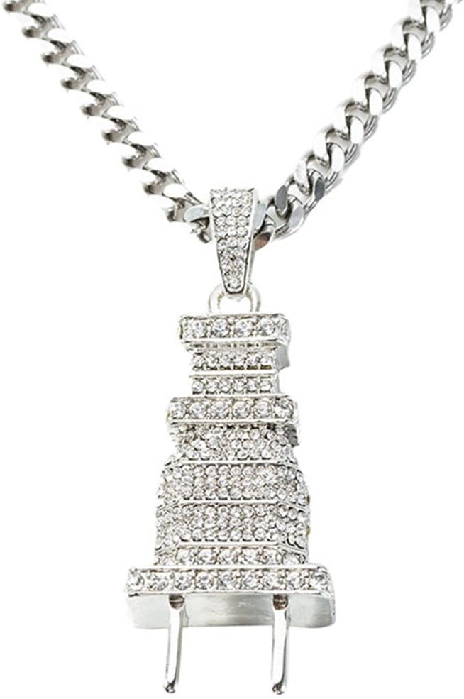 Men Necklace Chain Power Plug Pendant Bling Rhinestone Alloy Punk Rock Hip Hop Cuban Jewelry Gift