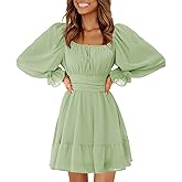 EXLURA Women's 2026 Casual Long Lantern Sleeve Dresses Square Neck Ruffle Tie Back Elastic Waist Aline Short Mini Dress