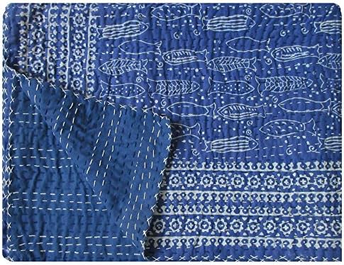 Twin Size Blue Indigo Kantha Quilt Handmade Indian Cotton Kantha Bedspread Hand Block Print Natural Color Vegitable Dye Kantha Blanket Fish Print Indigo Bed Cover Hand Stitched Picnic Throw