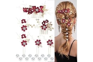 Cinaci 18 Pieces Bridal Wedding Party Prom Pearl Rhinestone Burgundy Flower Hair Side Combs Slides+U-shaped Flower Hair Pins+Twist Spiral Hairpins Floral Headpieces for Brides Bridesmaids Women Girls
