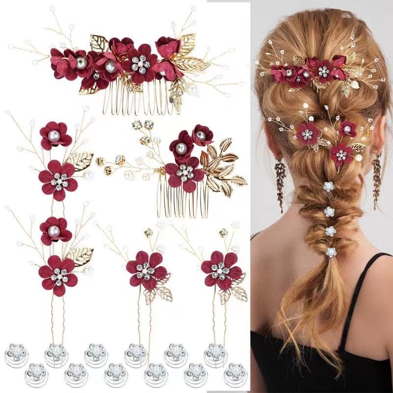 Cinaci 18 Pieces Bridal Wedding Party Prom Pearl Rhinestone Burgundy Flower Hair Side Combs Slides+U-shaped Flower Hair Pins+Twist Spiral Hairpins Floral Headpieces for Brides Bridesmaids Women Girls