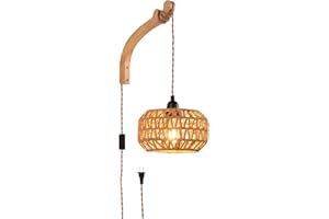 Rustic Wall Sconce with Curved Wood Bracket,Natural Bamboo Globe Wall Lighting, Handwoven Rattan Shade Wall Lamp for Bedroom 